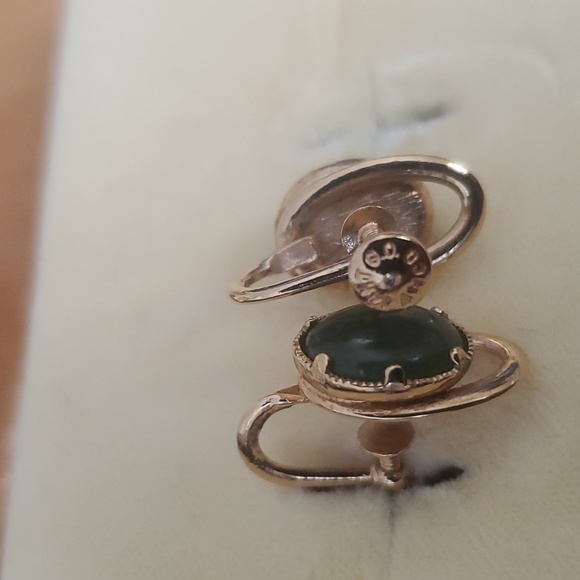 Vintage Amco Jewels Genuine Jade Earring Set 14KT Gold Overlay - Picture 10 of 14